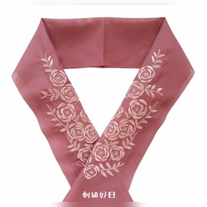 刺繍半衿 アンティーク復刻 巻き薔薇刺繍半衿 絽 グレイッシュピンク　※数量限定(２枚)
