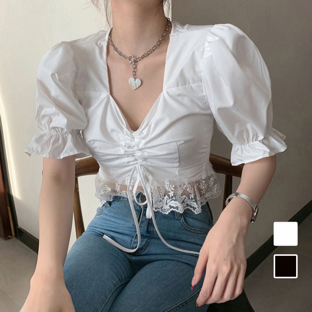 Vネックブラウスレディースパフスリーブ夏