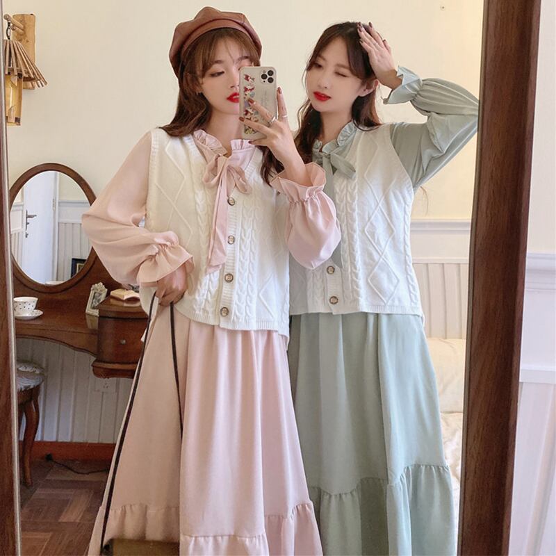 ドレス ソリッド カラーレースリボンレディーススプリングスカート ロング 春物 ソリッドカラー 萌量不足41064300587