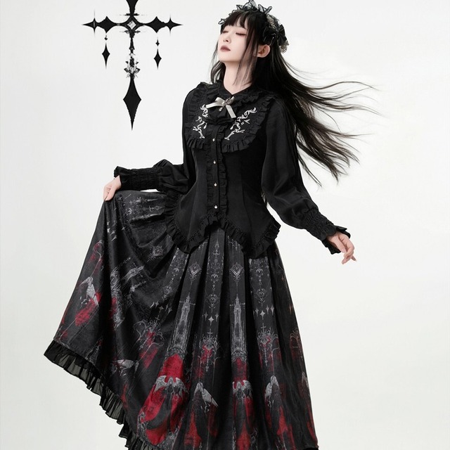 漆黒と純白の祈り 修道女風ゴシックブラウス クラシカル フリル 刺繍 立ち襟｜SEASONZ