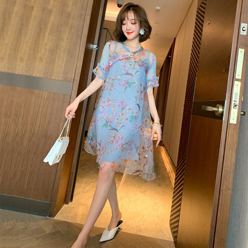 プリントラウンドネックバックルルーズ薄手ドレス Oネック MIUCO82100903845