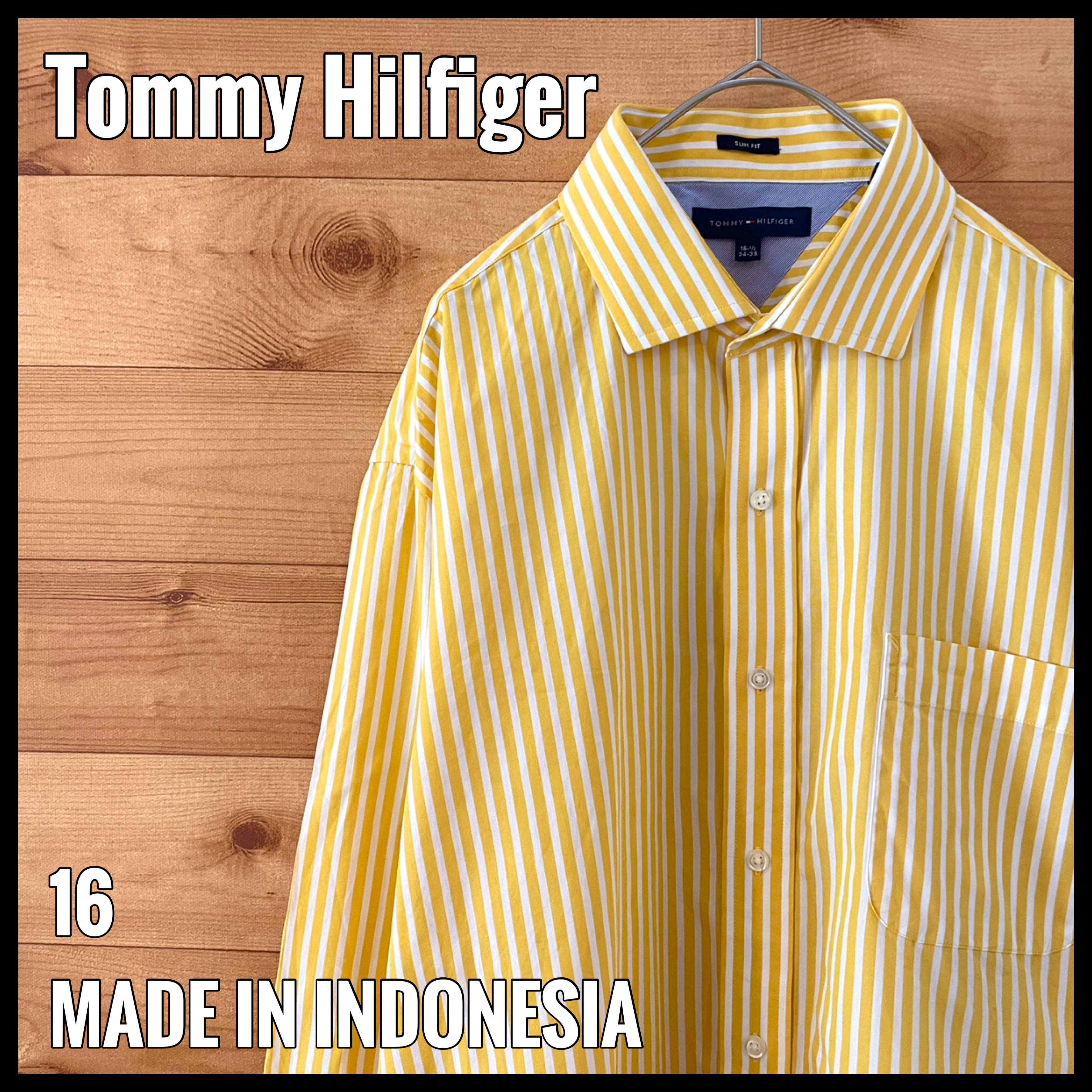 Tommy Hilfiger】イエロー ストライプ柄 長袖シャツ L スリムフィット