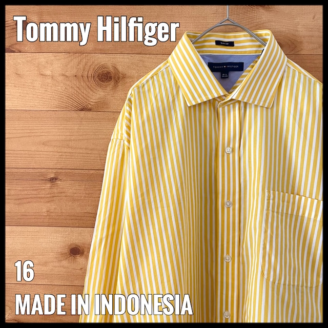 【Tommy Hilfiger】イエロー ストライプ柄 長袖シャツ L スリムフィット トミーヒルフィガー US古着