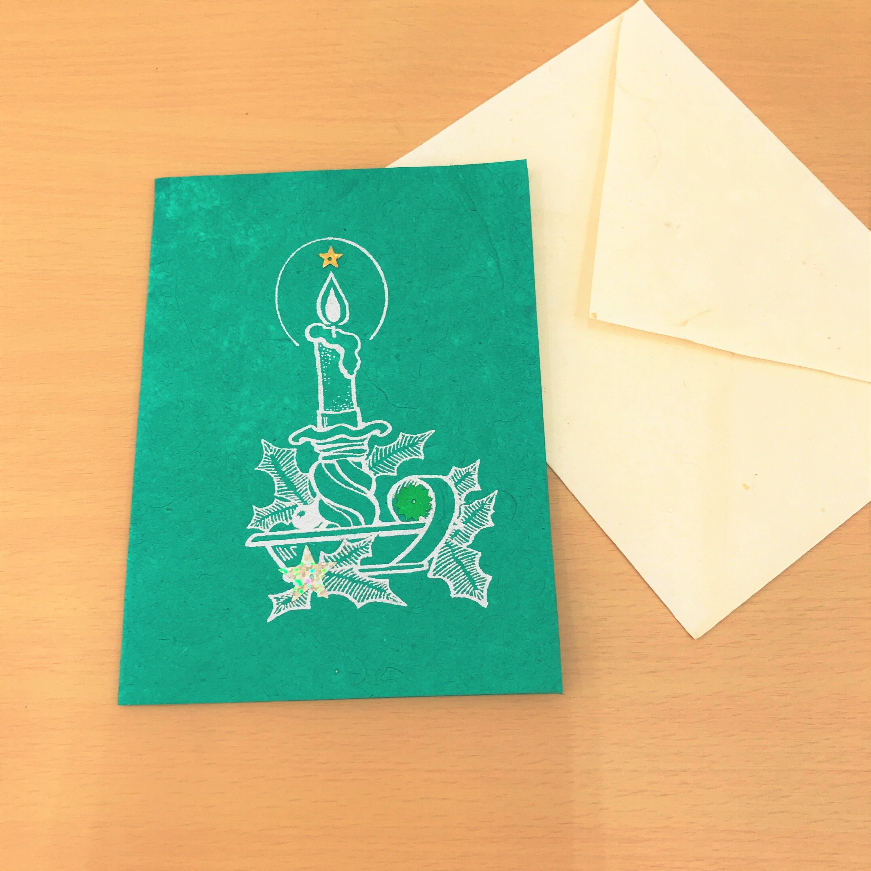 手漉きクリスマスカード・キャンドル(グリーン)