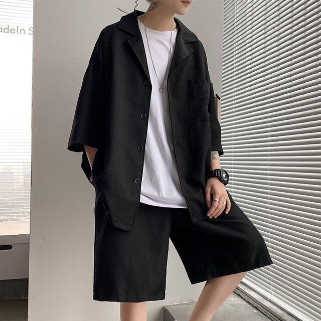 【予約販売】メンズ セットアップ 上下 ハーフパンツ 半袖シャツ 無地 シンプル ブラック グレー カジュアル 春夏 S/M/L/XL/2XL/3XL