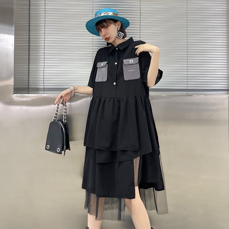 ブラックドレス サマーカラールーズ薄手メッシュスカート 夏物 ステッチ ラブタオタオダレンハウス53148431712