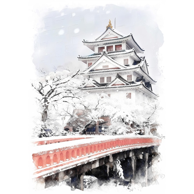 絵画(風景画) 日本の城 岐阜県 雪の郡上八幡城 インテリアアート額付き 水彩画・油絵調 WAT1329