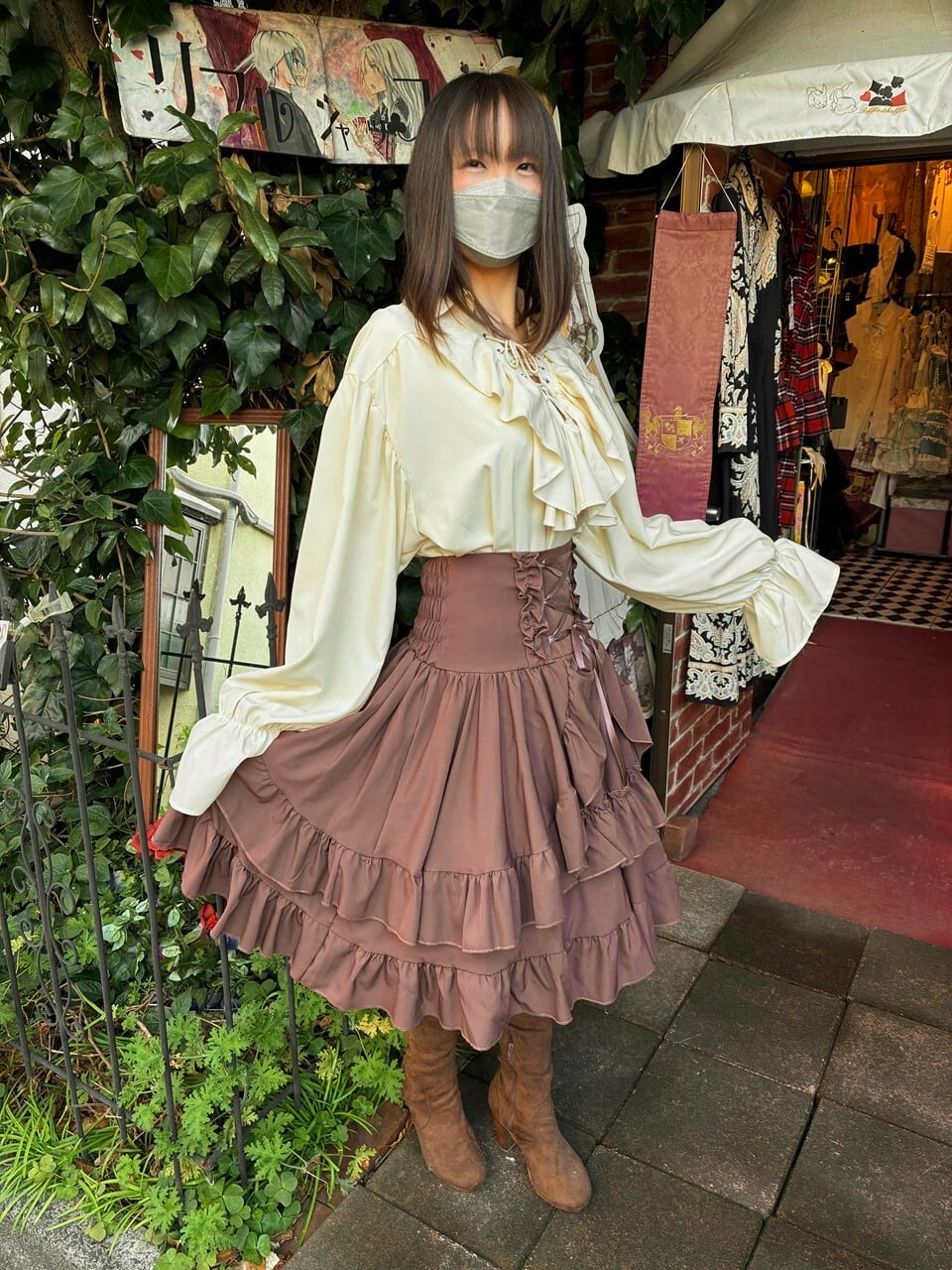 ゆ*様 ノスタルジックフリルスカート ブラウン フリルスカート フリルと編み上げのソフトシャーリングコルセット