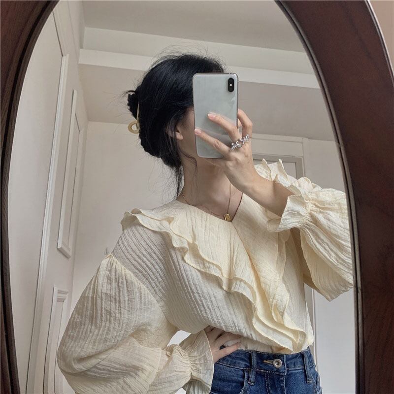 フリルフレアスリーブショートシフォンシャツレディース秋のデザインニッチシャツフレンチアプリコット長袖シャツ ブラックストロベリース15879579097