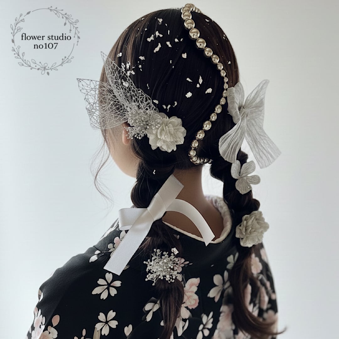 髪飾りアレンジ9点セット ホワイト×ゴールド 水引き 金箔シート 髪飾り