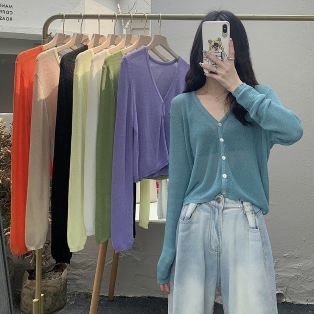 ルーズ薄手ソリッド カラーVネックセーター スプリングサマースリムカーディガン ロング 春物 夏物 ソリッドカラー YY-ファッション50303786244