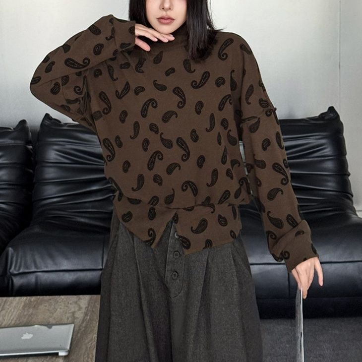 PAISLEY PRINT HIGH NECK SHORT SLIM WAIST PULLOVER TOP 2colors M-15516