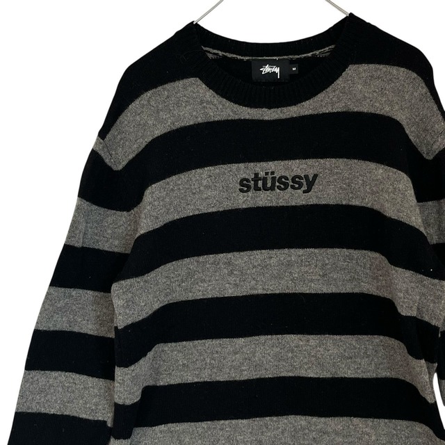 stussy ステューシー ニットセーター M ボーダー センターロゴ 刺繍 