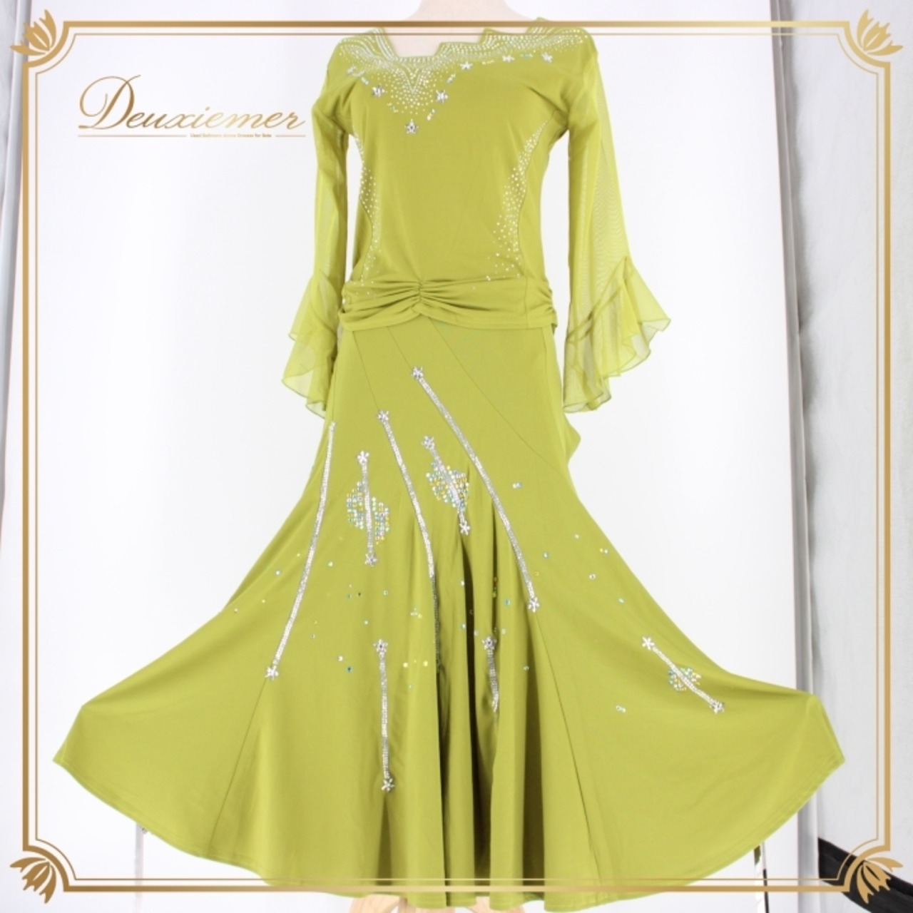 社交ダンス 衣装 スタンダード 上下セット ツーピース レッスンウェア パーティ衣装 女性用 エル・プラト 黄緑 ラインストーン シンプル 上品 伸縮性 ウエストゴム ナチュラル おしゃれ 華やか 光沢 大人 エレガント ダンス用 体形カバー 発表会 フィットネス パーティー 軽量 デイリー コーディネート モダン トレンド