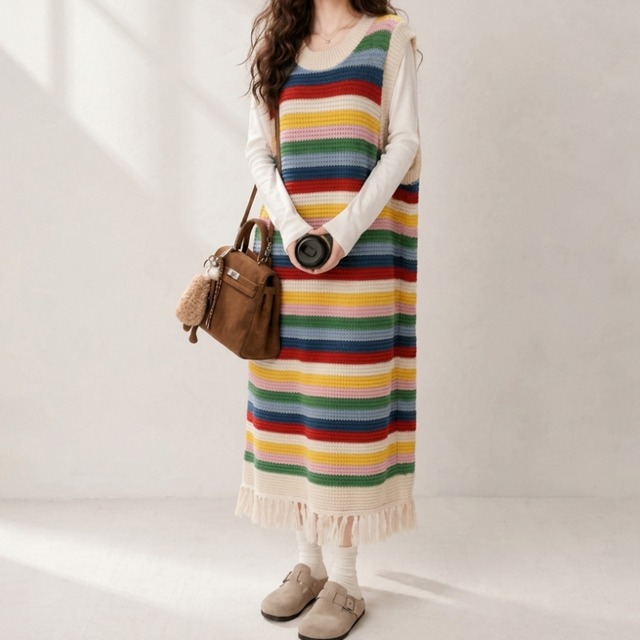 Rainbow Stripe Fringe Knit Dress　S0119