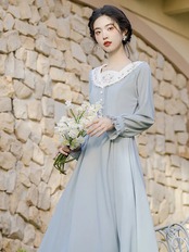 【0096】Flower Collar Half Button Long Sleeve Dress