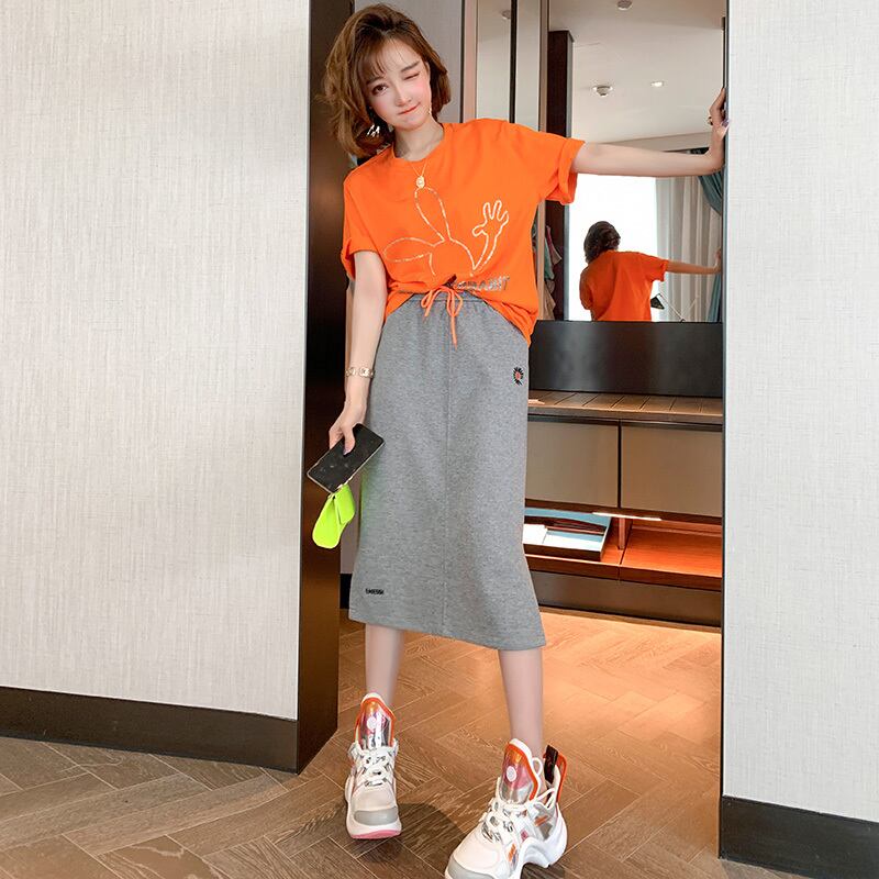 ラインストーンTシャツ ストレッチウェストギャザースカート サマー エラスティック 伸縮 夏物 MIUCO45595866323