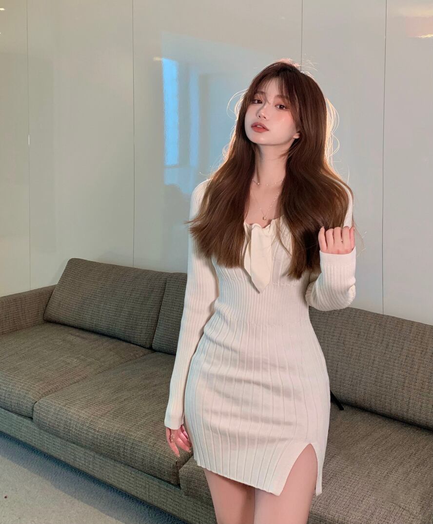 ニットセーター ドレス スプリングオータムスリムスカート ウェストショート ロング 春物 秋物 ブラックストロベリース1578536219