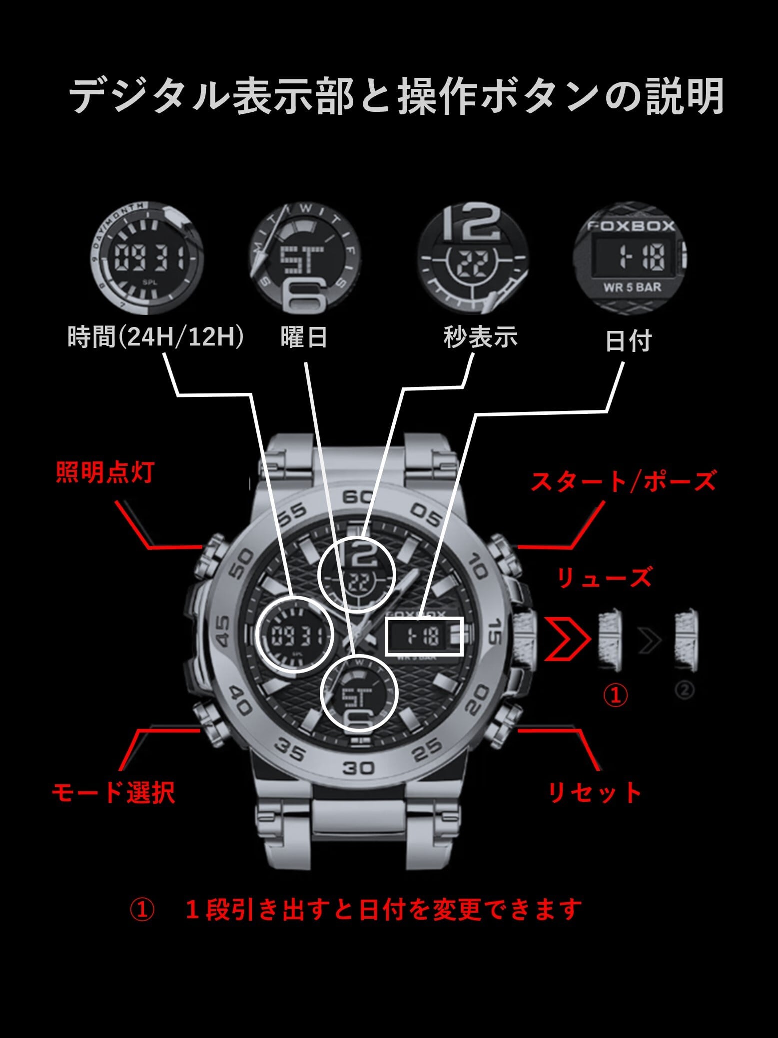 プライスダウン】FOXBOX model 0033 スポーツウォッチ ブラック