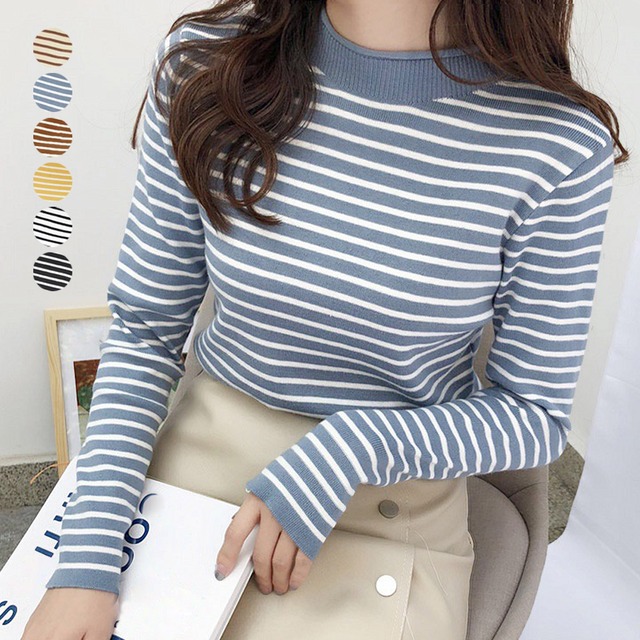 ボーダー柄 ニットセーター 長袖 6色