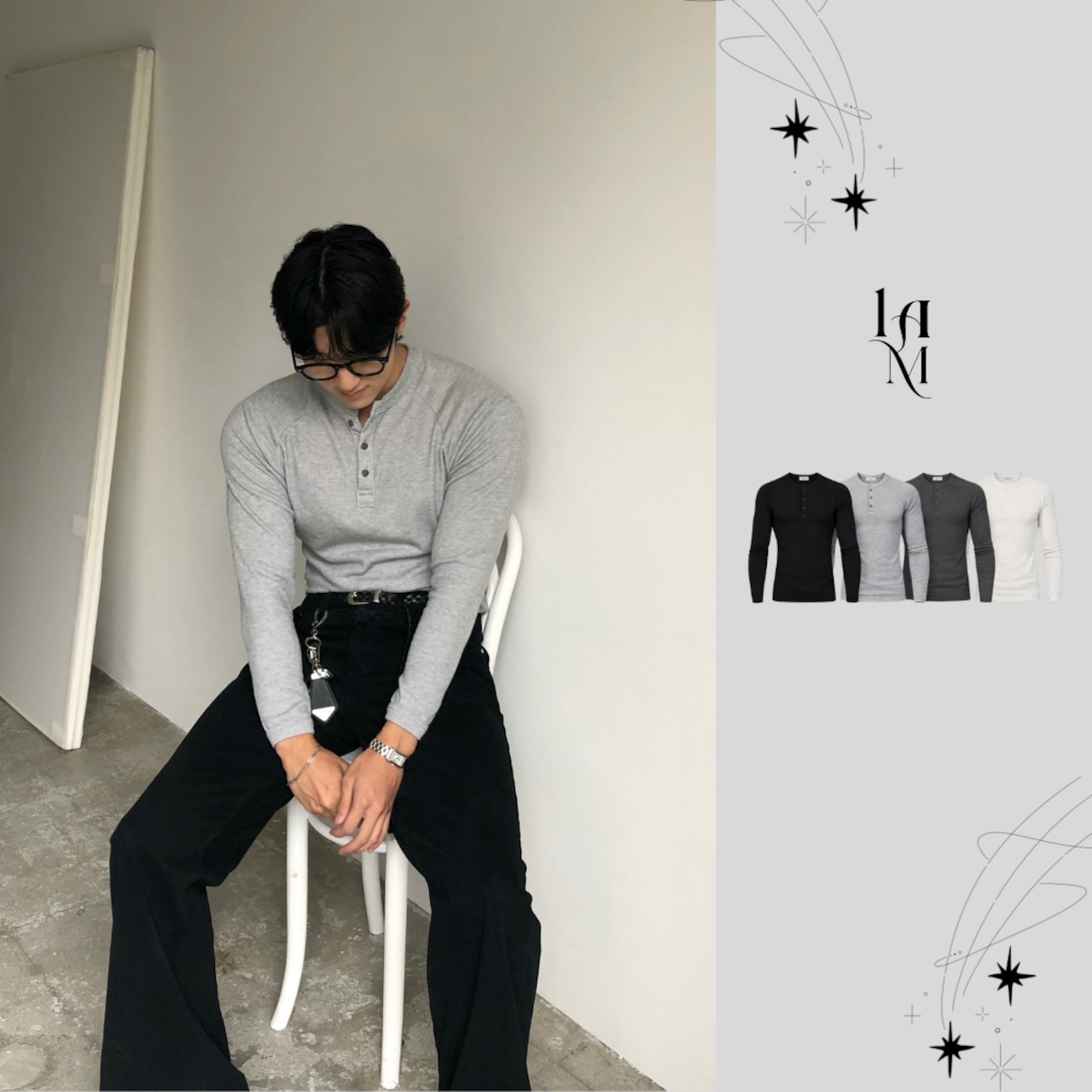 【Muscle Fit】Ribbed Henley Neck Long Sleeve Knit (4color) - 1