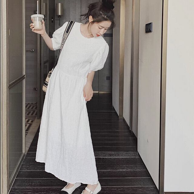 ワンピース レディース ロングワンピ ラウンドネック パフスリーブ シンプル 大人かわいい 上品 おしゃれ かわいい 五分袖 ホワイト S/M/L/XL