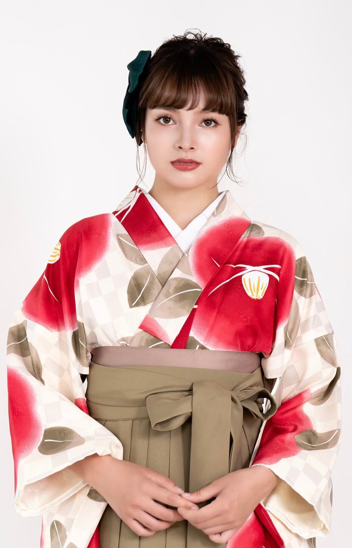 Kimono Sienne 卒業式袴3点セット クリーム ベージュ 大椿 二尺袖着物