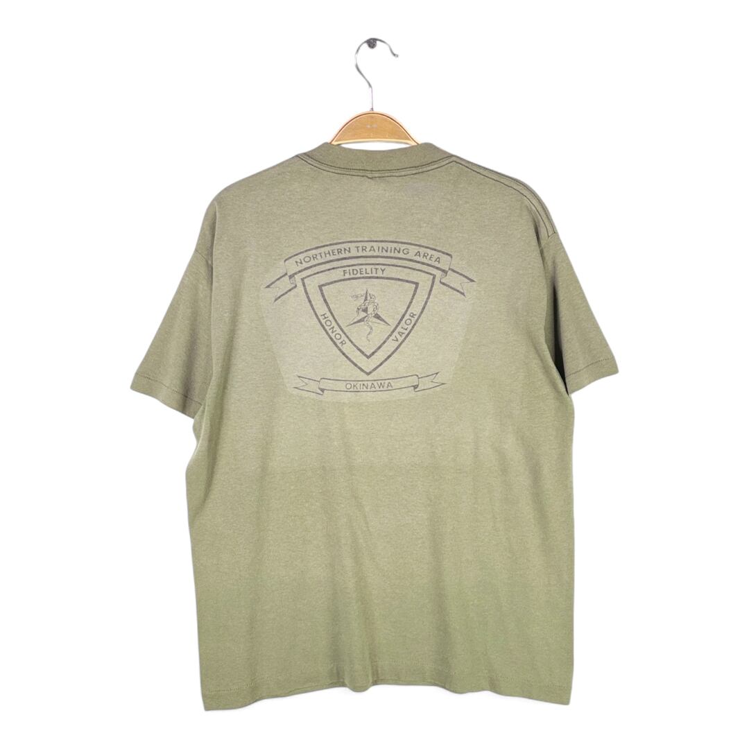 80s USMC USA製 ヴィンテージTシャツ 米軍 沖縄 マリンコ カーキ U.S.MARINE シングルステッチ サイズL 古着 @BZ0484
