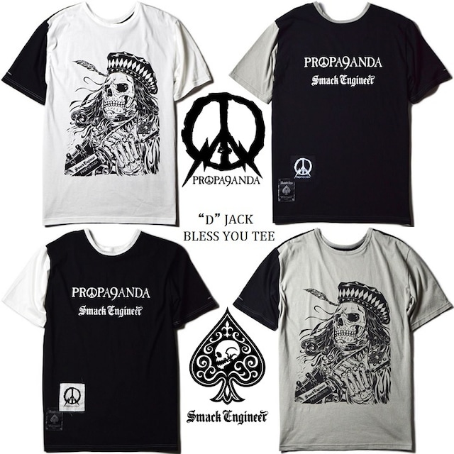 【30%OFF SALE】SMACK ENGINEER × PROPA9ANDA / スマックエンジニア × プロパガンダ「“D”JACK BLESS YOU TEE」限定コラボ半袖ビッグTシャツ オーバーサイズ 黒白 ブラック ホワイト グレー スカル ドクロ メンズレディース UK パンクロック PUNKROCK ステージ衣装 Rogia