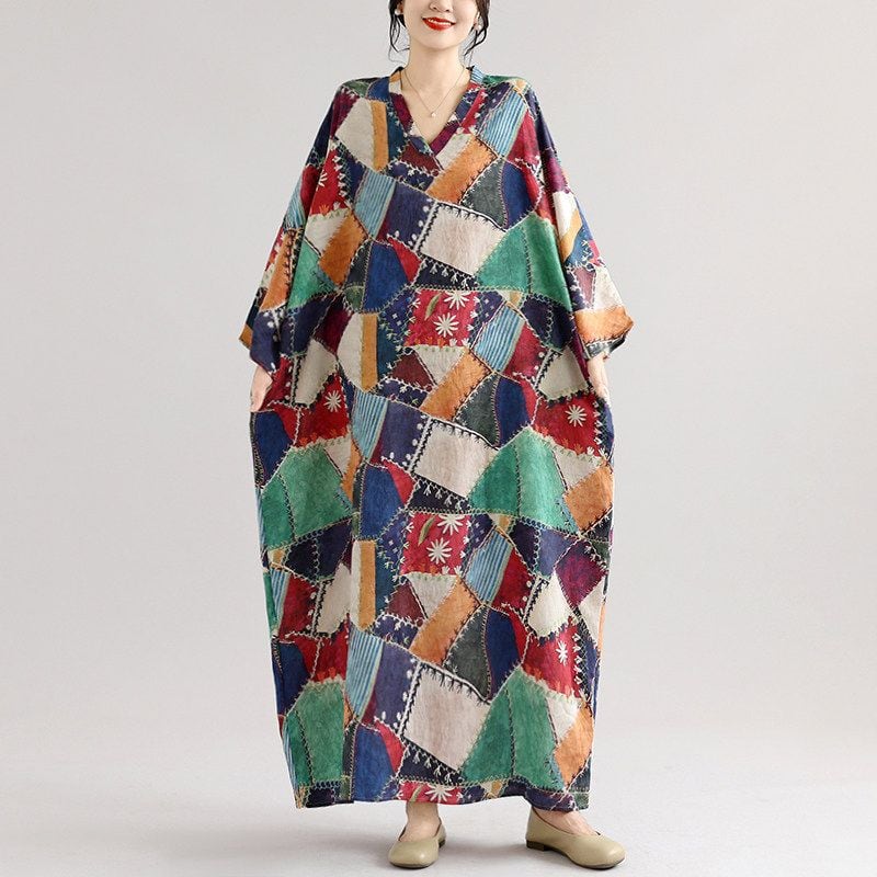 PRINT LINEN BLEND V-NECK THREE-QTR MAXI DRESS M-18027