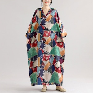 PRINT LINEN BLEND V-NECK THREE-QTR MAXI DRESS M-18027