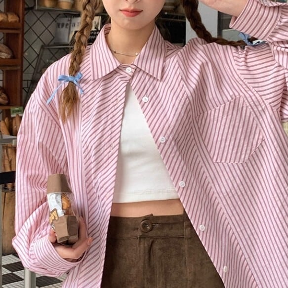 ストライプ柄 ヒップ丈 シャツ L1117