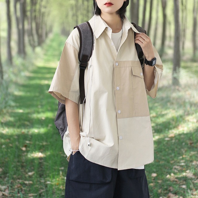 Patchwork Design Short Sleeve Shirt ‐1col‐  A0541