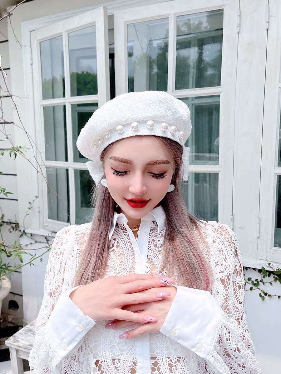 白 パール ビジュー ベレー帽 キャスケット ストライプ リボン 帽子 白