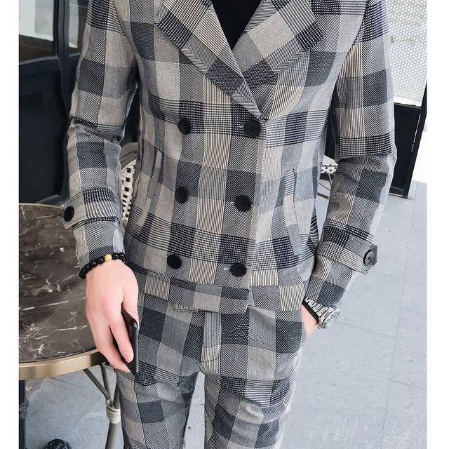 予約販売】メンズ スーツ チェック柄 シック スリム ダブル 男前 