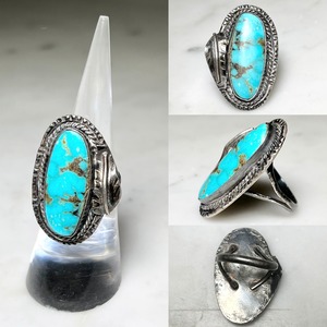 vintage leaf motif silver turquoise ring
