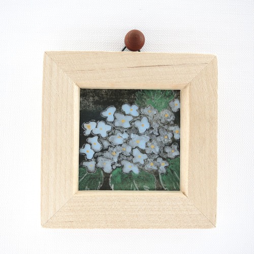 【日本画原画】水色の紫陽花と雨 絵画 ミニ額付き ミニアートパネル インテリアアート