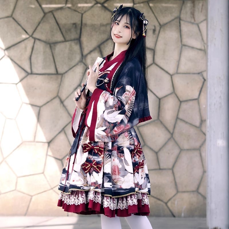 即納 黒Sサイズ】和ロリ 鶴と扇の和柄 ロリータ 着物風 JSK+羽織 豪華