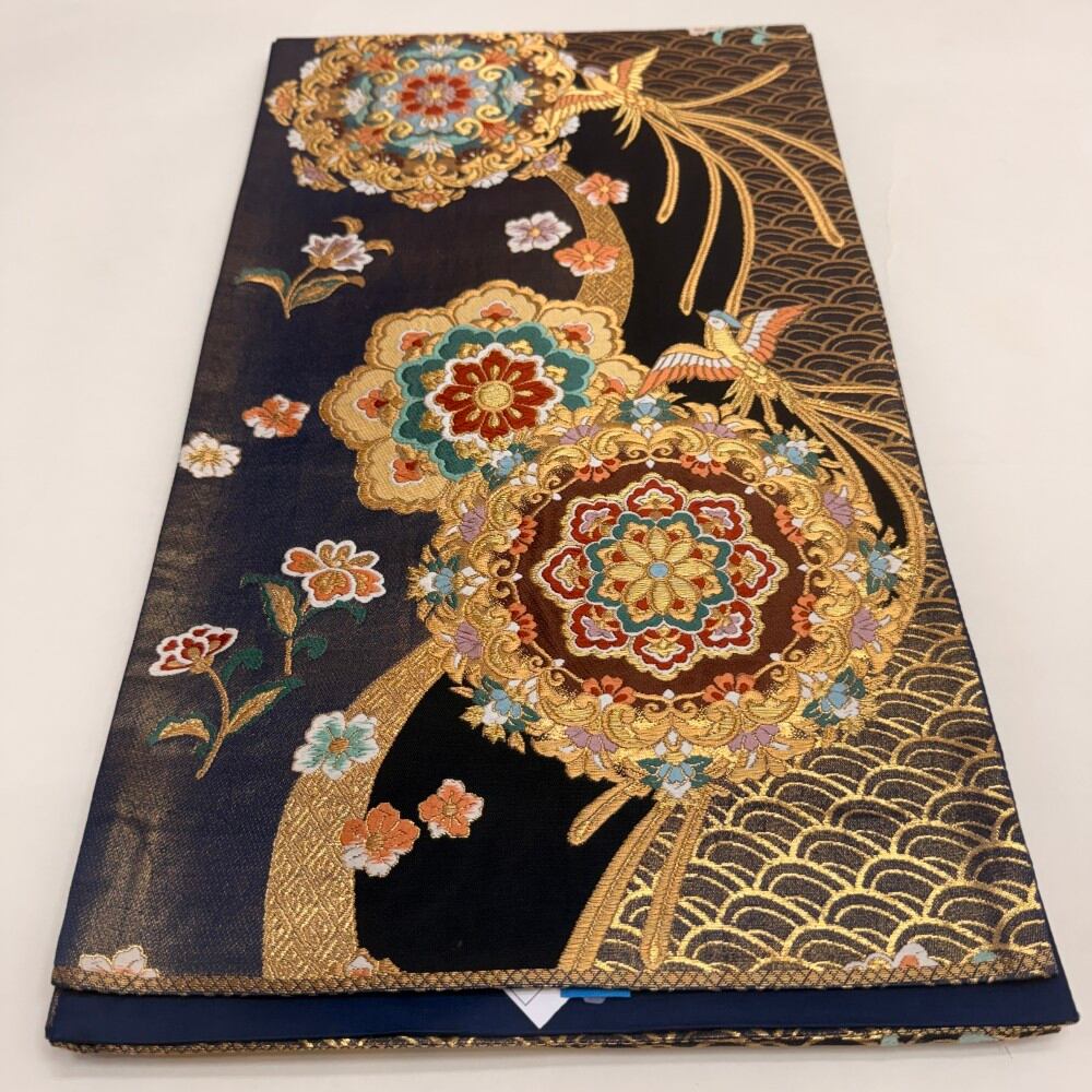 中古 振袖用帯 正絹 草花 六通柄 ブルー Bランク 430cm 6238