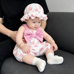 【BABY】ピンク蝶結びドットサロペット＆帽子