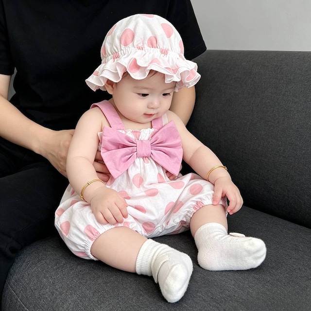 【BABY】ピンク蝶結びドットサロペット＆帽子