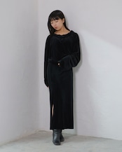 RITSUKO KARITA - Sheer Velour Gather Tops〔plain〕 :Black|透けベロア/ネックギャザー