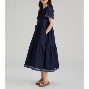denim tiered dress with hem embroidery