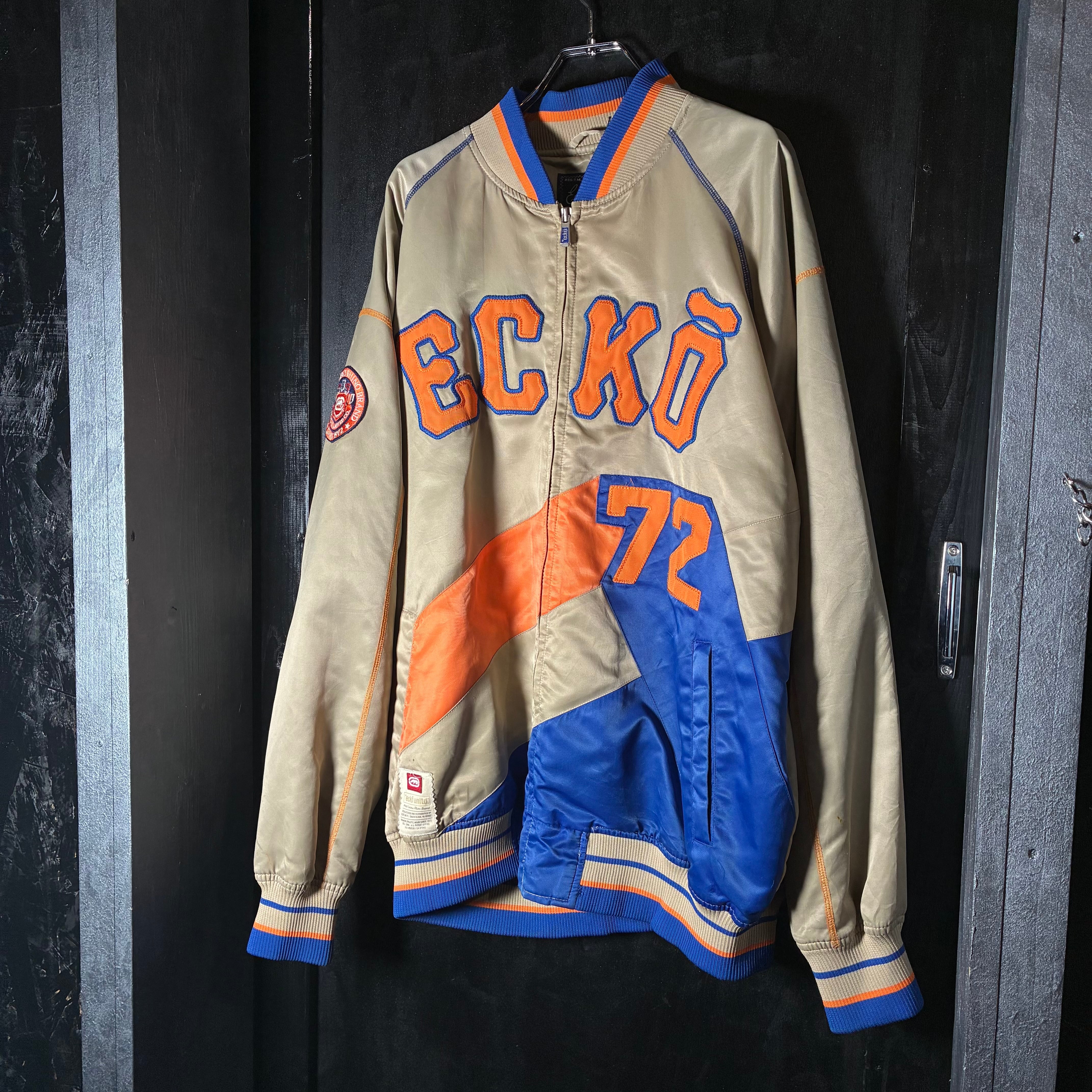 ECKO UNLTD 72 ナイロンスタジャン ベージュ オレンジ ブルー L エコー