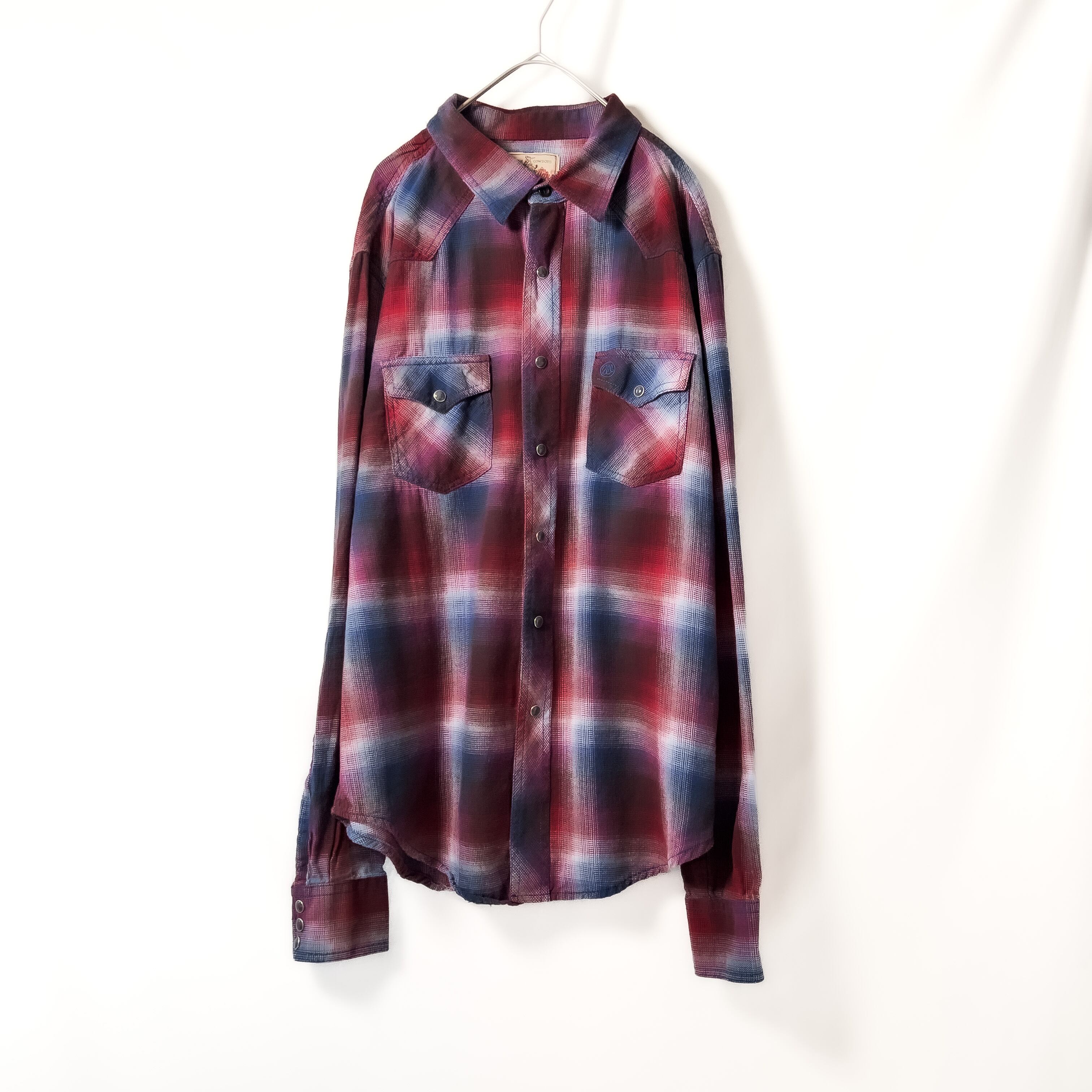 “Wrangler” red × dark navy ombre check pattern western shirt ラングラー　オンブレ  チェック ネルシャツ ワインレッド × ネイビー