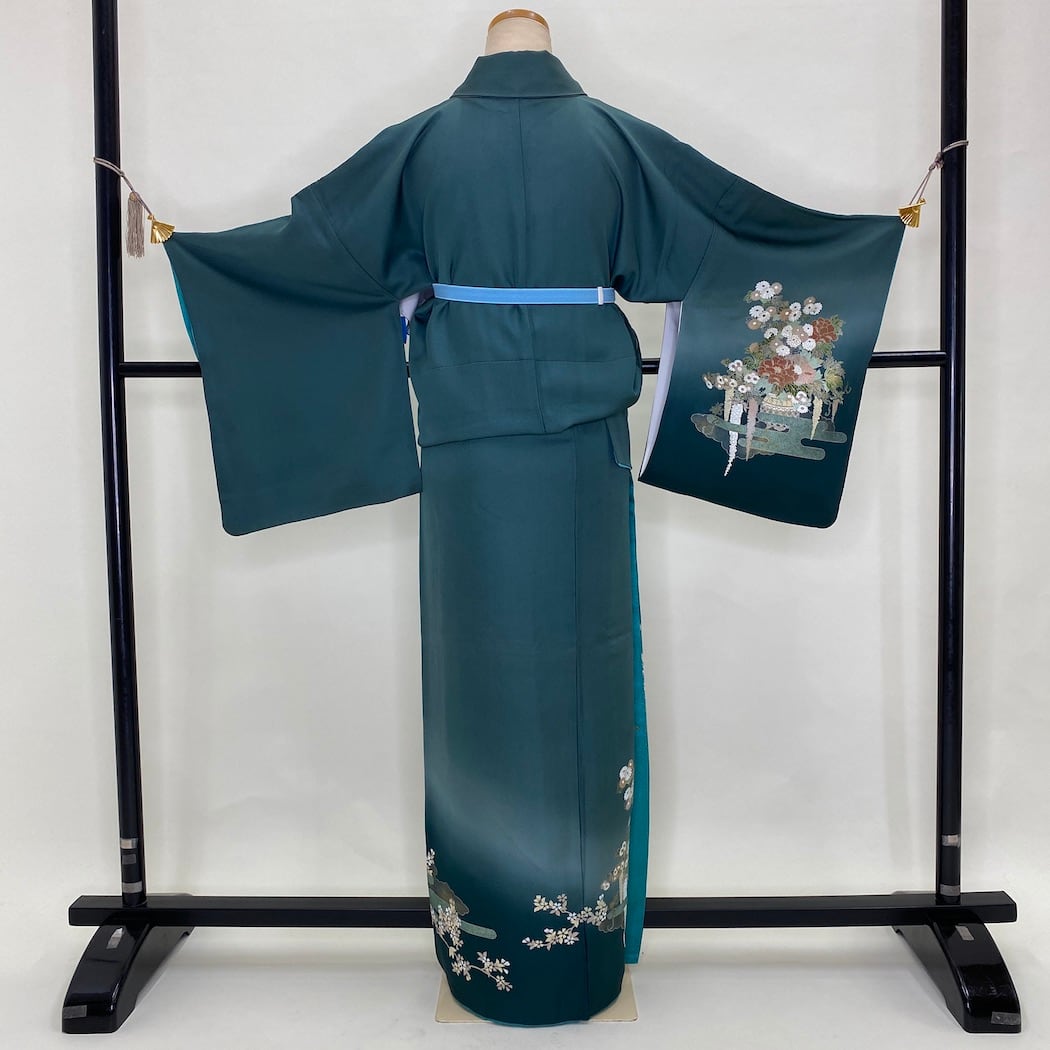 訪問着 中古 古典柄 オシャレ 花柄 緑 エメラルドグリーン 裄丈66cm 