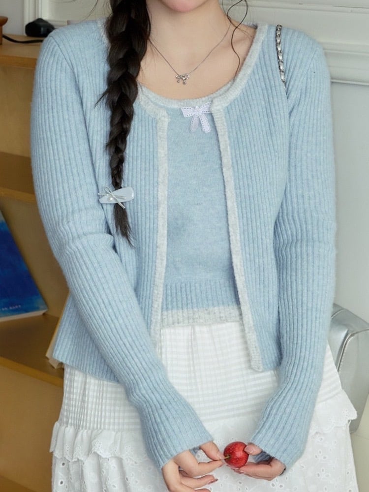 韓国ガーリーで春支度 レースリボンカーディガンセット バレエコア 春ニット こなれ感 重ね着 羽織 フェミニン 体型カバー 大きいサイズ 韓国 CH10514
