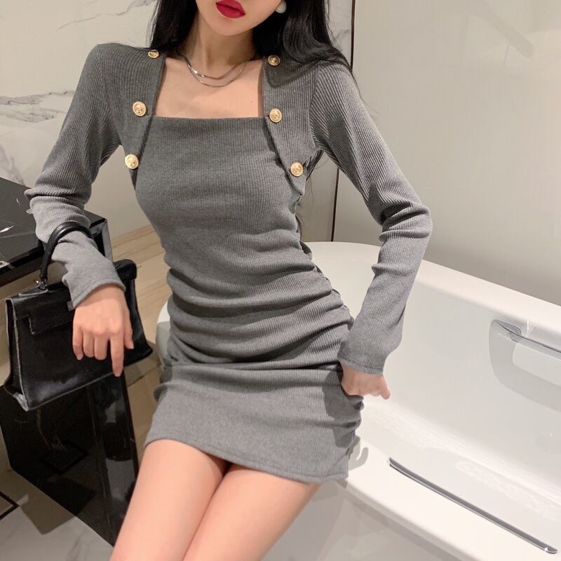 hugyourskin グレー ミニワンピース 長袖 グレー 長袖 ミニワンピース hugyourskin グレー ミニワンピース