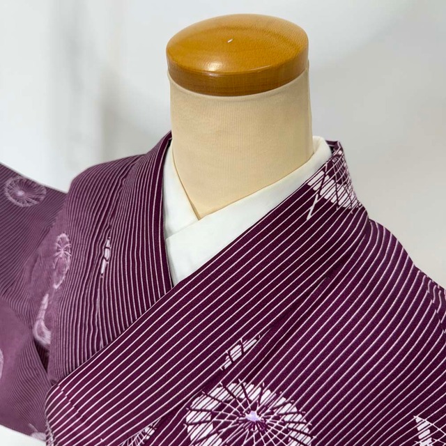 小紋 単衣 幅広 大きい 洗える着物 裄65.8cm 身丈159cm 花柄 お洒落着 普段着 ポリエステル 緑 美品 M サイズ 4381