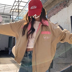 CCKOK韓国クール風格子柄切り替え刺繡ロゴジャケット